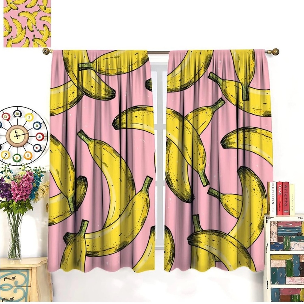 Banana Print Curtains in Pink and Yellow